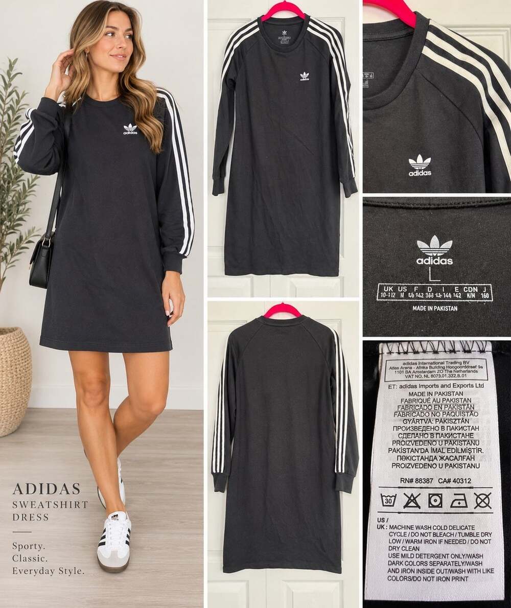 Adidas Originals Trefoil 3 Stripes Black Long Sleeve T Shirt Dress Size L